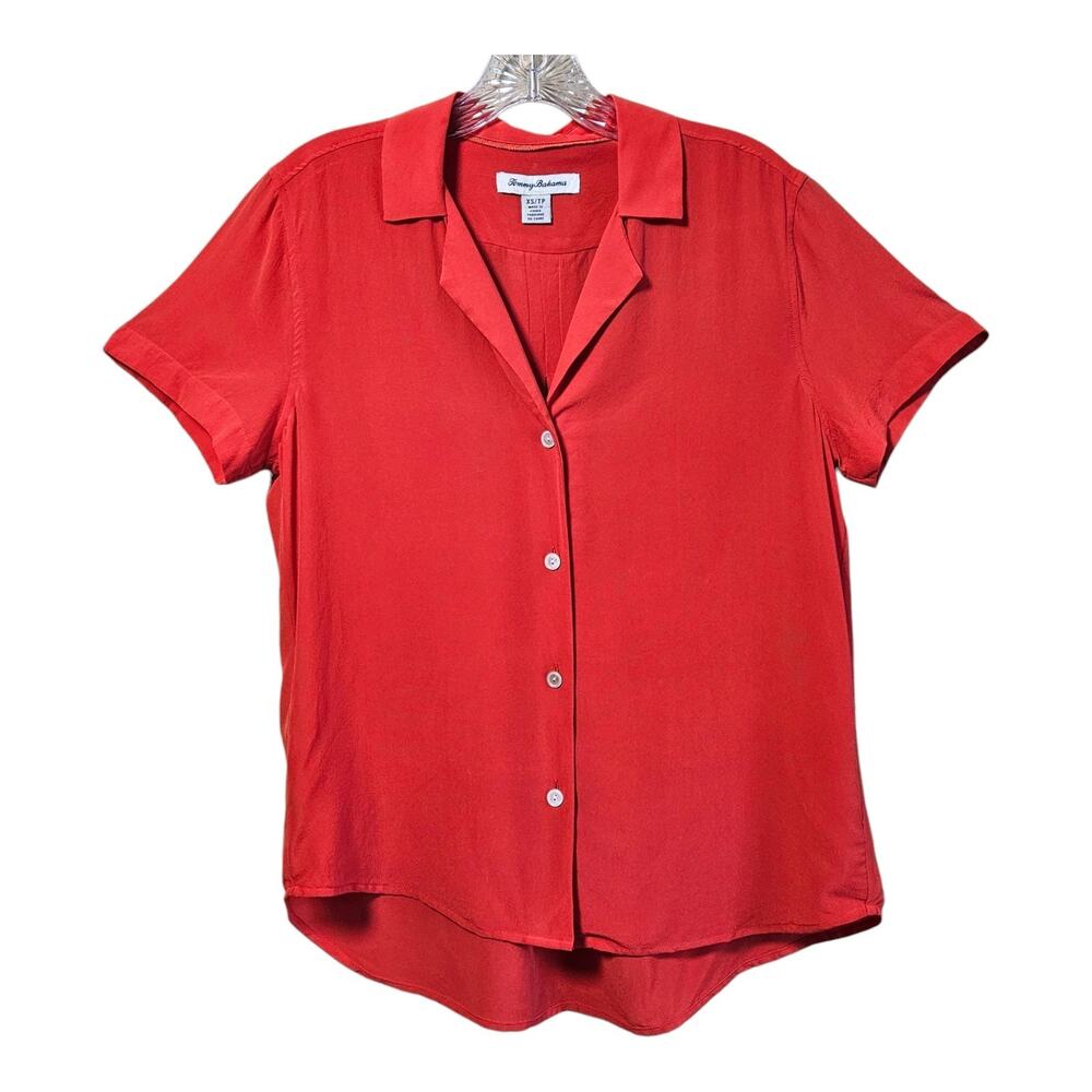 TOMMY BAHAMA Women's XS 100% Silk Blouse Button Up Dark Coral Short Sleeve 36"